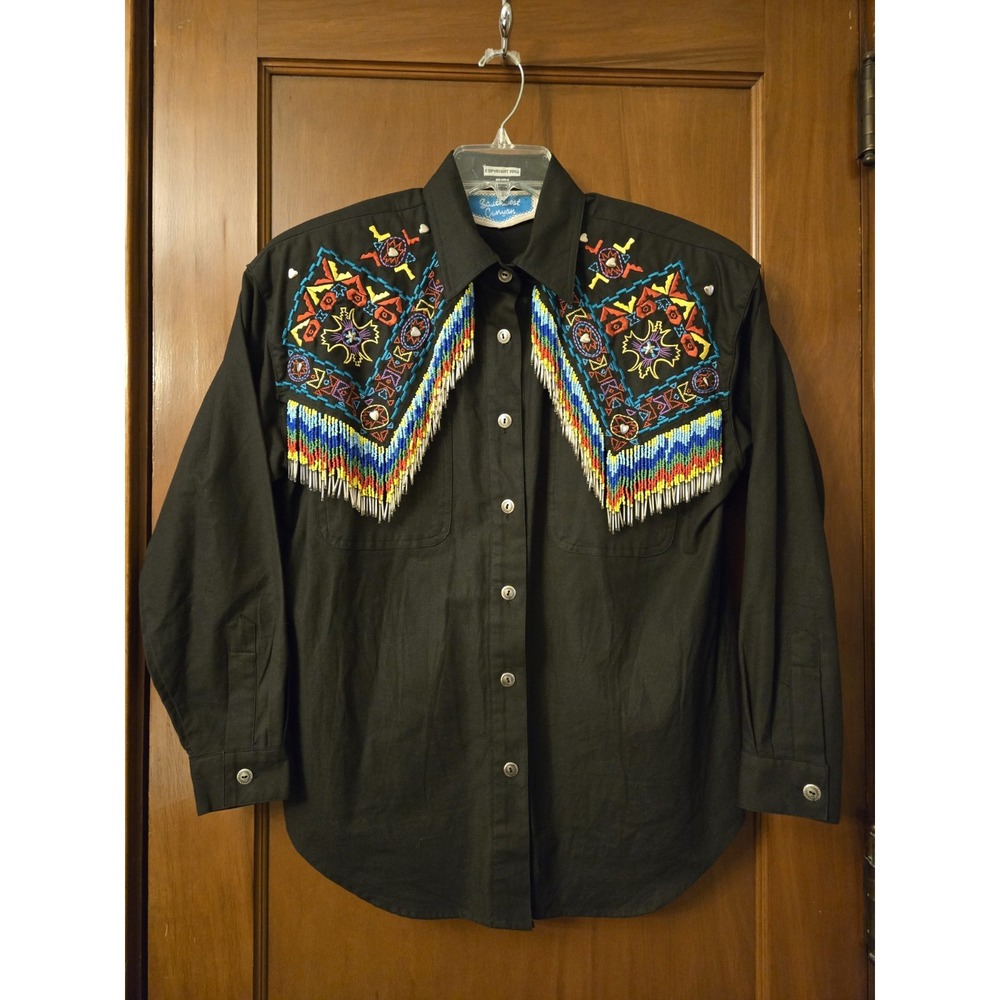 Vintage Embroidered Beaded Fringe Western Shirt Southwest Canyon Women's Med 90s